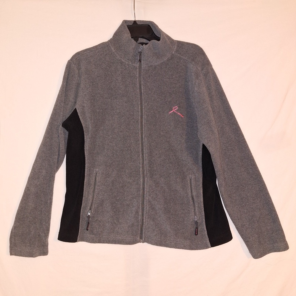 Women's Heathered Gray Black Full‎ Zip Fleece Jacket Pink Ribbon Lecare XL